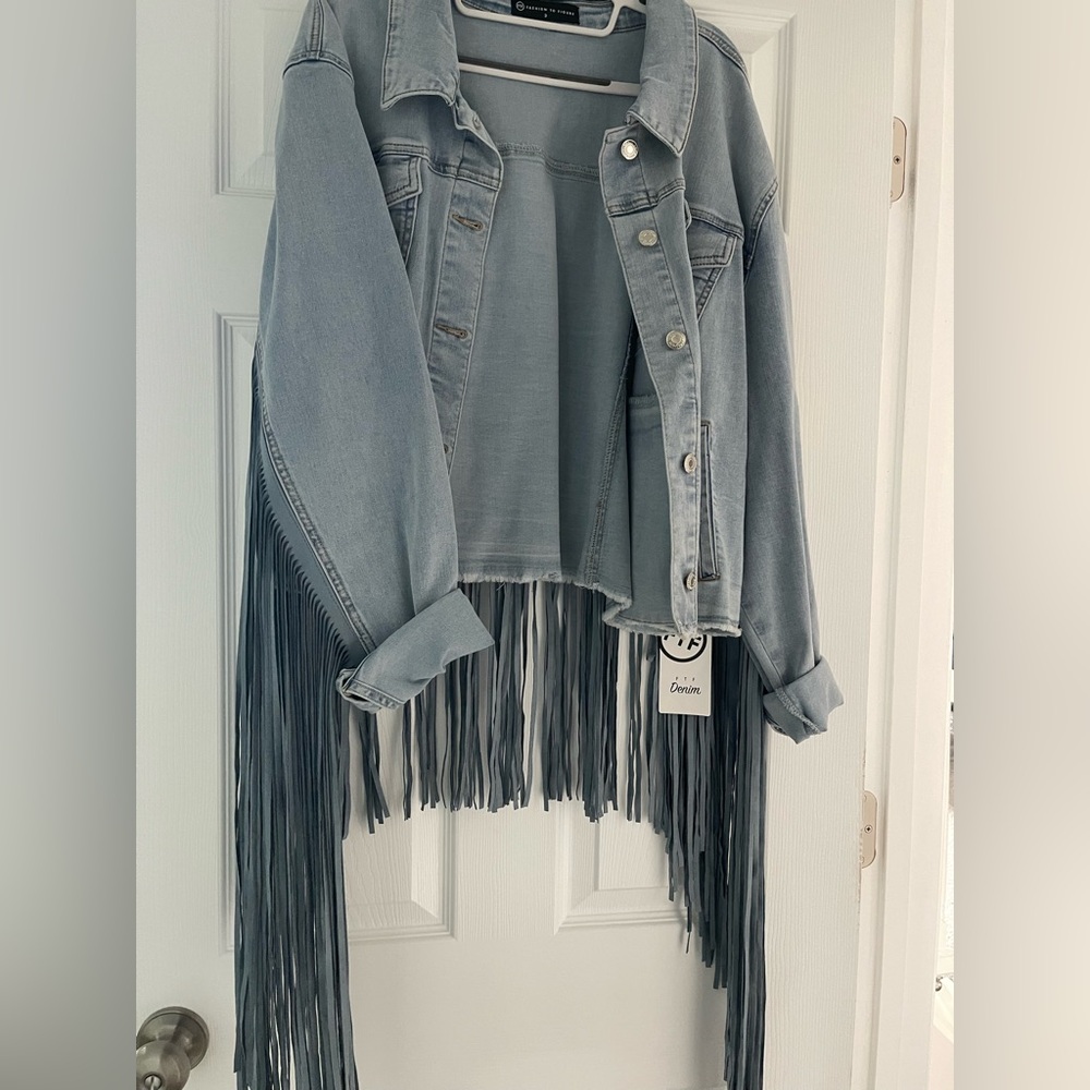 Fashion to Figure Light Blue Fringe Denim Trucker Jacket - Picture 3 of 8
